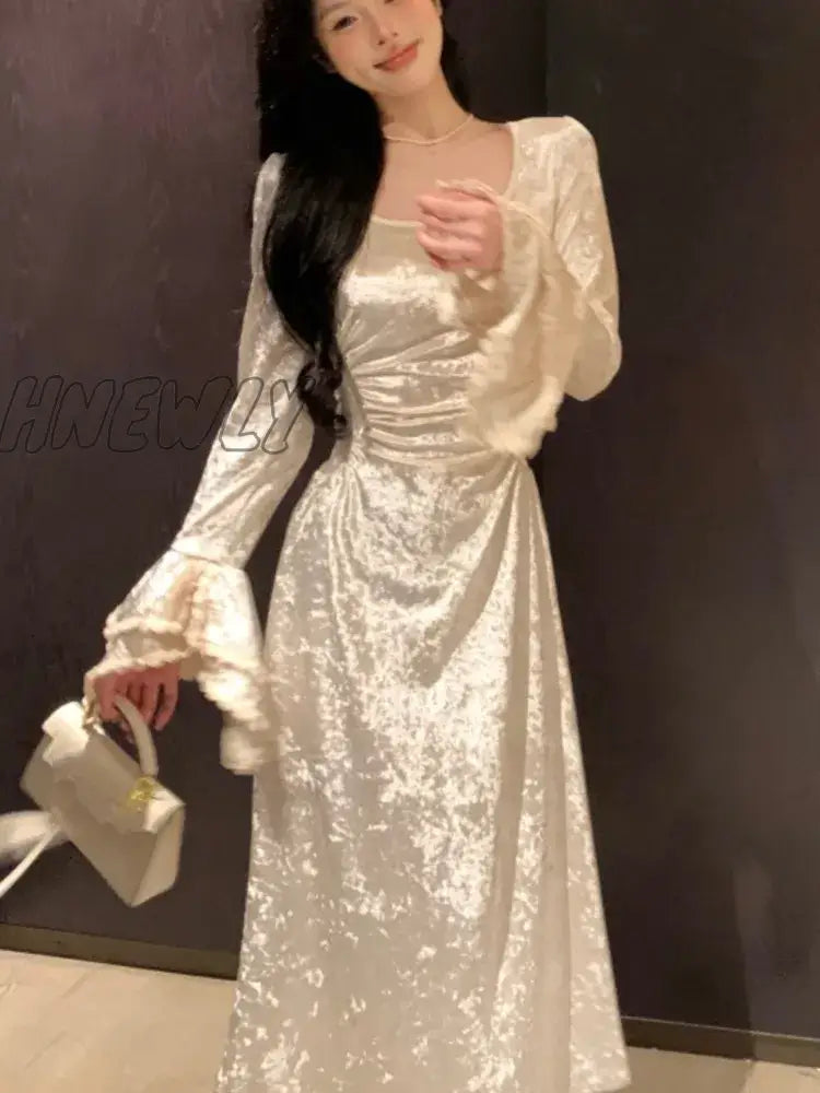 Hnewly Y2K Solid Velvet Maxi Dress Women Flare Sleeve Square Collar Waist Slimming A-Line Autumn