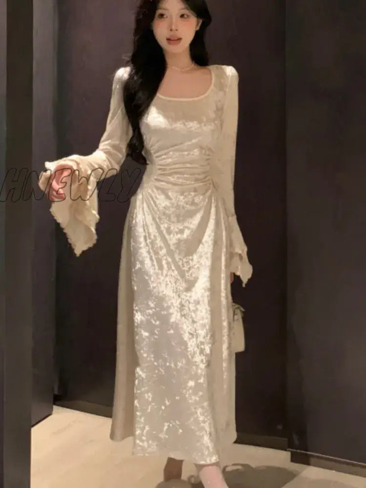 Hnewly Y2K Solid Velvet Maxi Dress Women Flare Sleeve Square Collar Waist Slimming A-Line Autumn