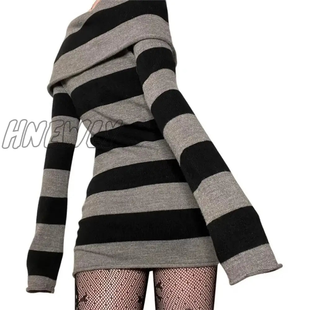 Hnewly Y2K Striped Sweater Mini Dress Mall Goth Grunge Emo Bodycon Chic Women Off Shoulder Full