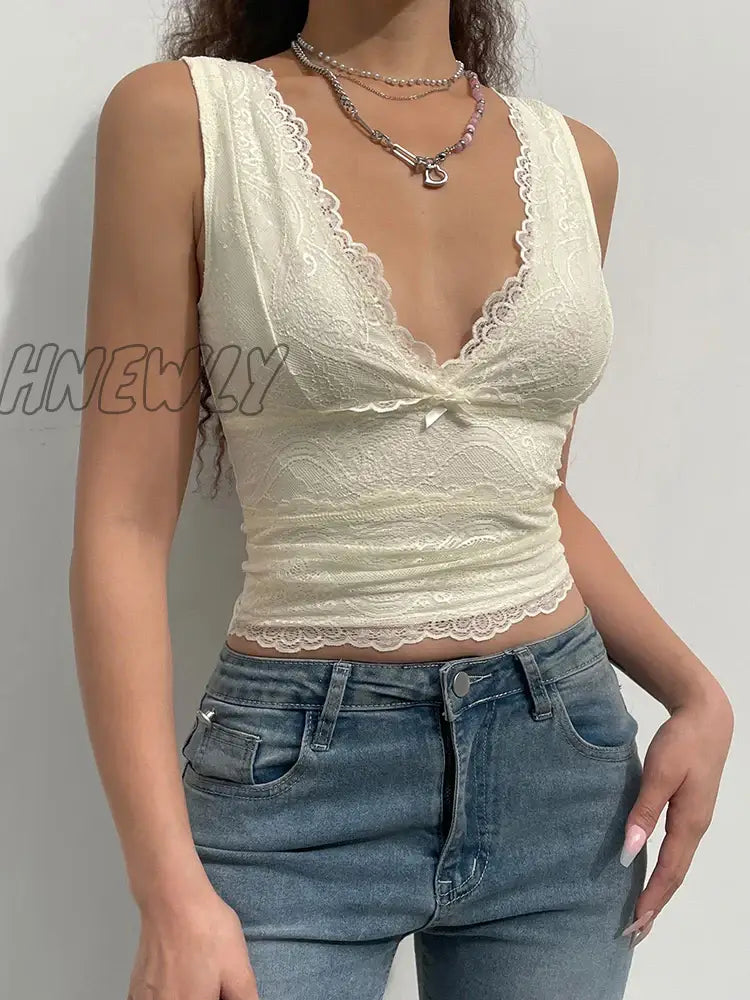 Hnewly Y2K Sweet Cute V Neck Bodycon Sexy Tank Top Fashion 2000S Aesthetic Summer Cropped Vest Slim