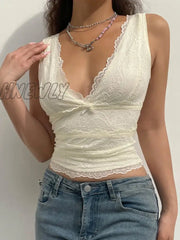 Hnewly Y2K Sweet Cute V Neck Bodycon Sexy Tank Top Fashion 2000S Aesthetic Summer Cropped Vest Slim