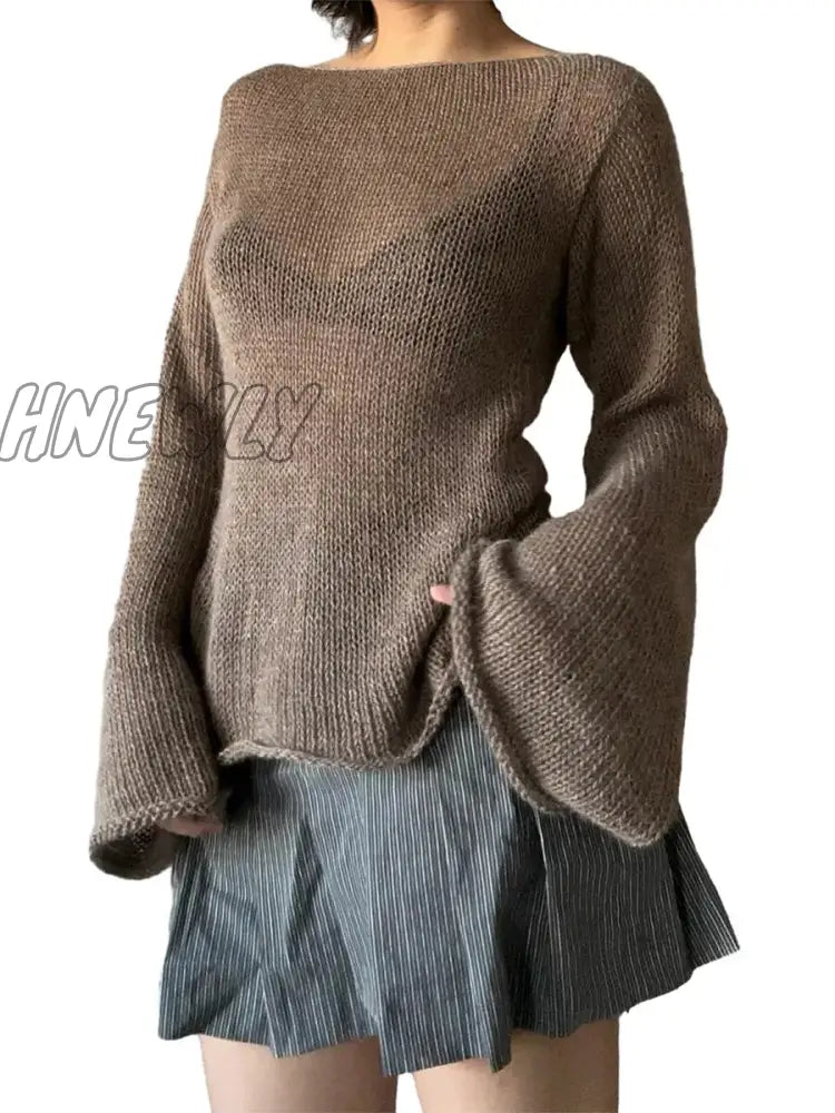 Hnewly Y2K Tie Back Sweaters Women Long Sleeve Boat Neck Solid Color Knitted Pullover Casual