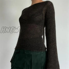 Hnewly Y2K Tie Back Sweaters Women Long Sleeve Boat Neck Solid Color Knitted Pullover Casual