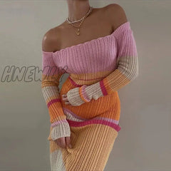 Hnewly Y2K Vintage Striped Knitted Long Dress Leisure Style Off Shoulder Sleeve Bodycon Maxi Chic