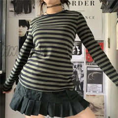 Hnewly Y2K Women T Shirt Streetwear Striped Long Sleeve T-Shirt Pullover Tops Teen Girl 2000S