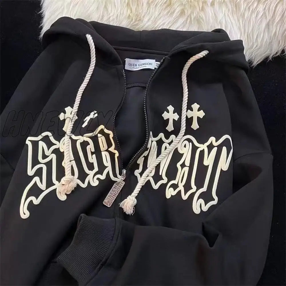 Hnewly Y2K Women Vintage Gothic Streetwear Embroidery Harajuku Hoodies Hip Hop Jacket Zip Up Hoodie