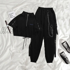 Houzhou Gothic Women Black Cargo Pants Harajuku Punk Chain Trousers Female Hip Hop Mall Goth