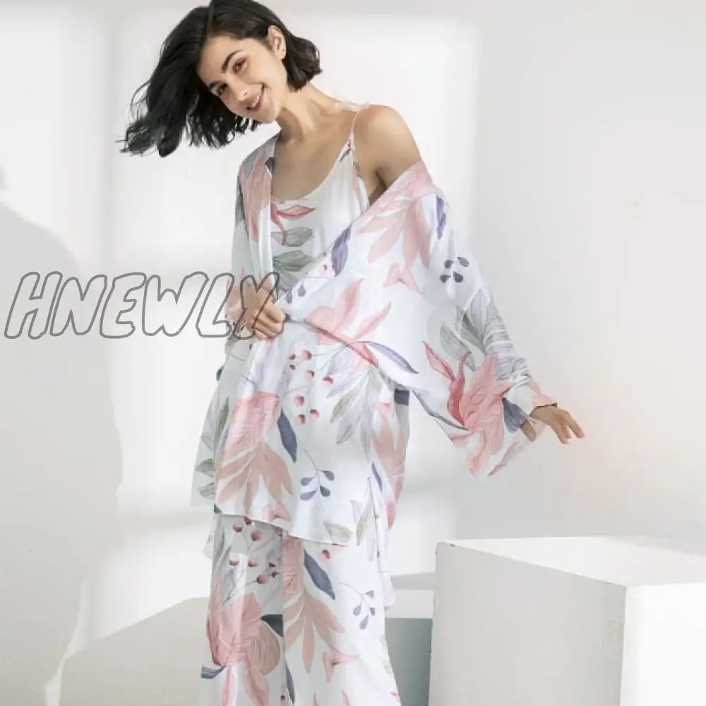 July‘s Song 3 Pcs Women Pajamas Set Viscose Floral Printed Female Pyjama Loose Sleepwear