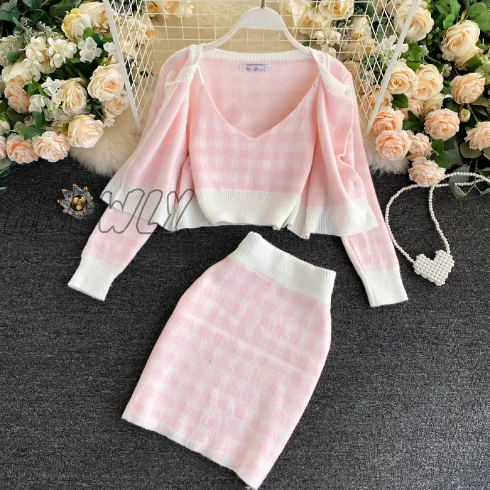 Korean Sweet Knit Plaid Cardigans + Camisole Skirts 3Pcs Sets Girls Short Sweater Coat Vest Mini