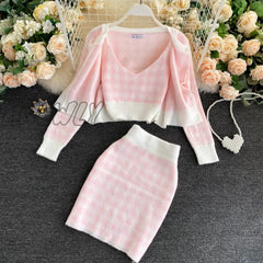 Korean Sweet Knit Plaid Cardigans + Camisole Skirts 3Pcs Sets Girls Short Sweater Coat Vest Mini