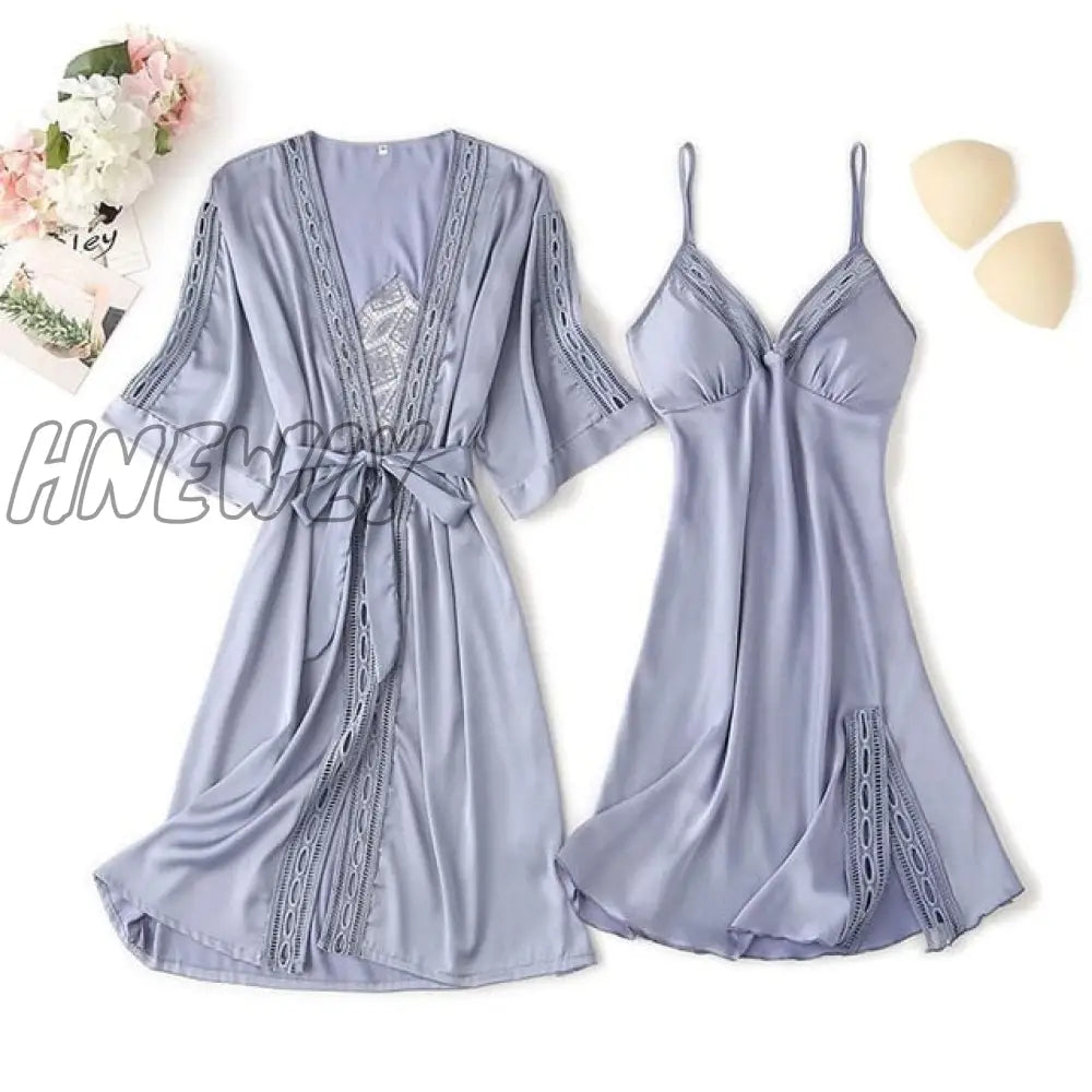 Lace Trim Sexy Wedding Lady Robe Suit Loose Satin Bride Bridesmaid Kimono Bathrobe Gown Mini