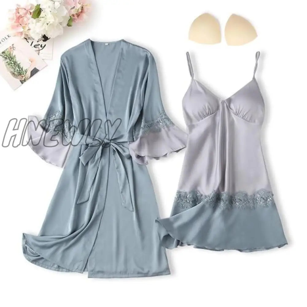 Lace Trim Sexy Wedding Lady Robe Suit Loose Satin Bride Bridesmaid Kimono Bathrobe Gown Mini