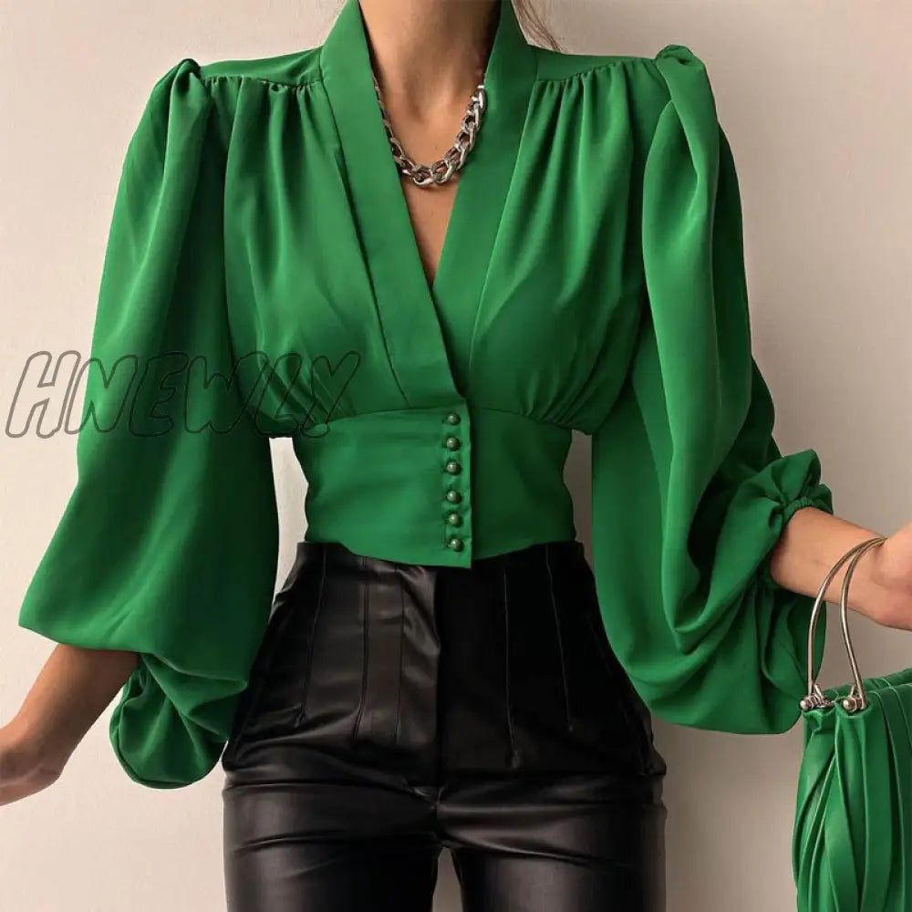 Lantern Sleeve Women’s Shirt Deep V - Neck Corset Green Spring Autumn Blouses Women New Fashion