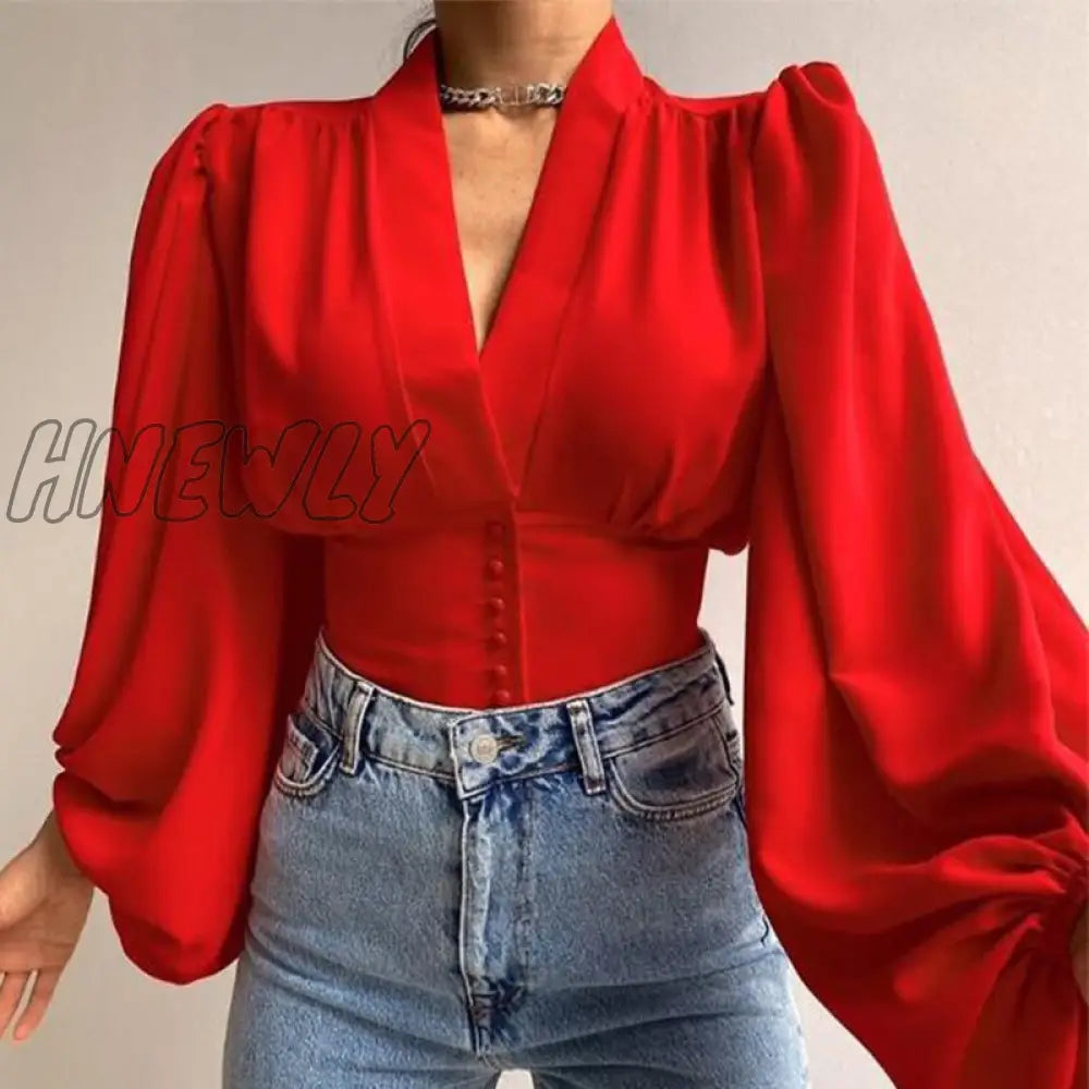 Lantern Sleeve Women’s Shirt Deep V - Neck Corset Green Spring Autumn Blouses Women New Fashion