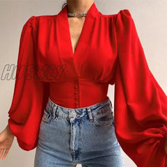 Lantern Sleeve Women’s Shirt Deep V - Neck Corset Green Spring Autumn Blouses Women New Fashion