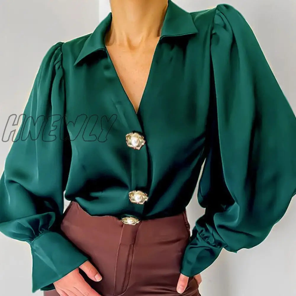 Lantern Sleeve Women’s Shirt Deep V - Neck Corset Green Spring Autumn Blouses Women New Fashion