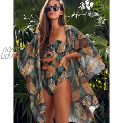 Leaves Print Swimsuit Beach Cover Up Tunics For Long Kaftan Bikini Robe De Plage Sarong Cover - Ups