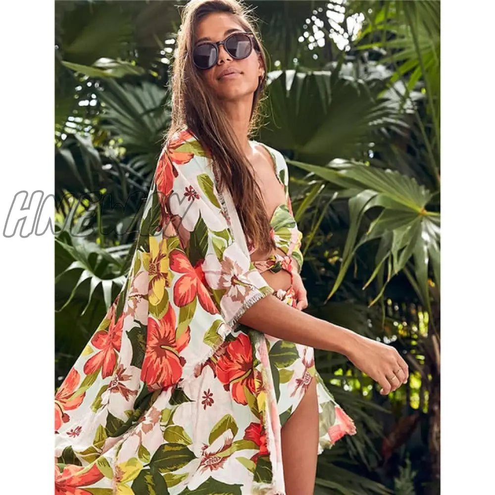 Leaves Print Swimsuit Beach Cover Up Tunics For Long Kaftan Bikini Robe De Plage Sarong Cover - Ups