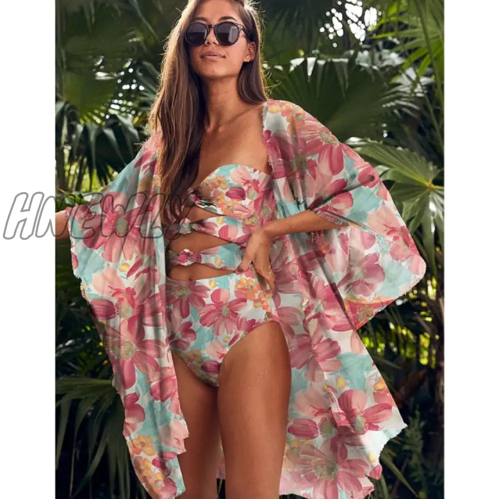 Leaves Print Swimsuit Beach Cover Up Tunics For Long Kaftan Bikini Robe De Plage Sarong Cover - Ups