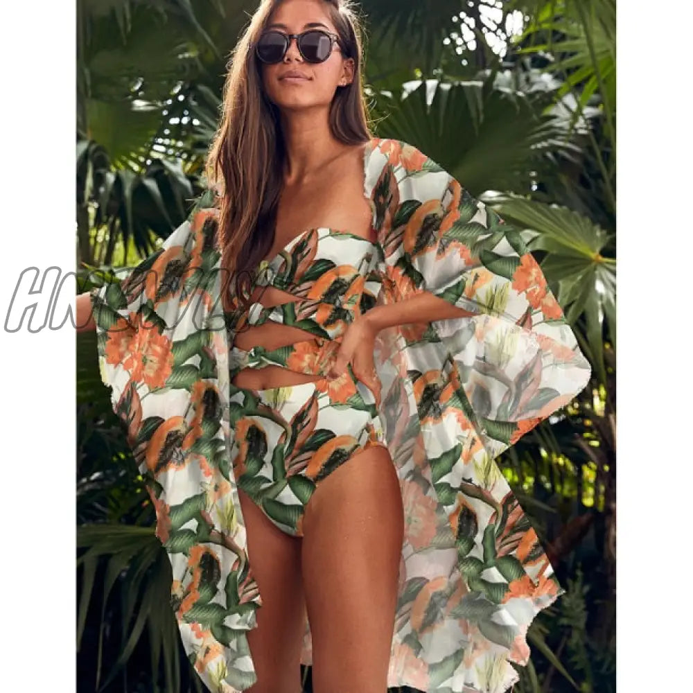 Leaves Print Swimsuit Beach Cover Up Tunics For Long Kaftan Bikini Robe De Plage Sarong Cover - Ups