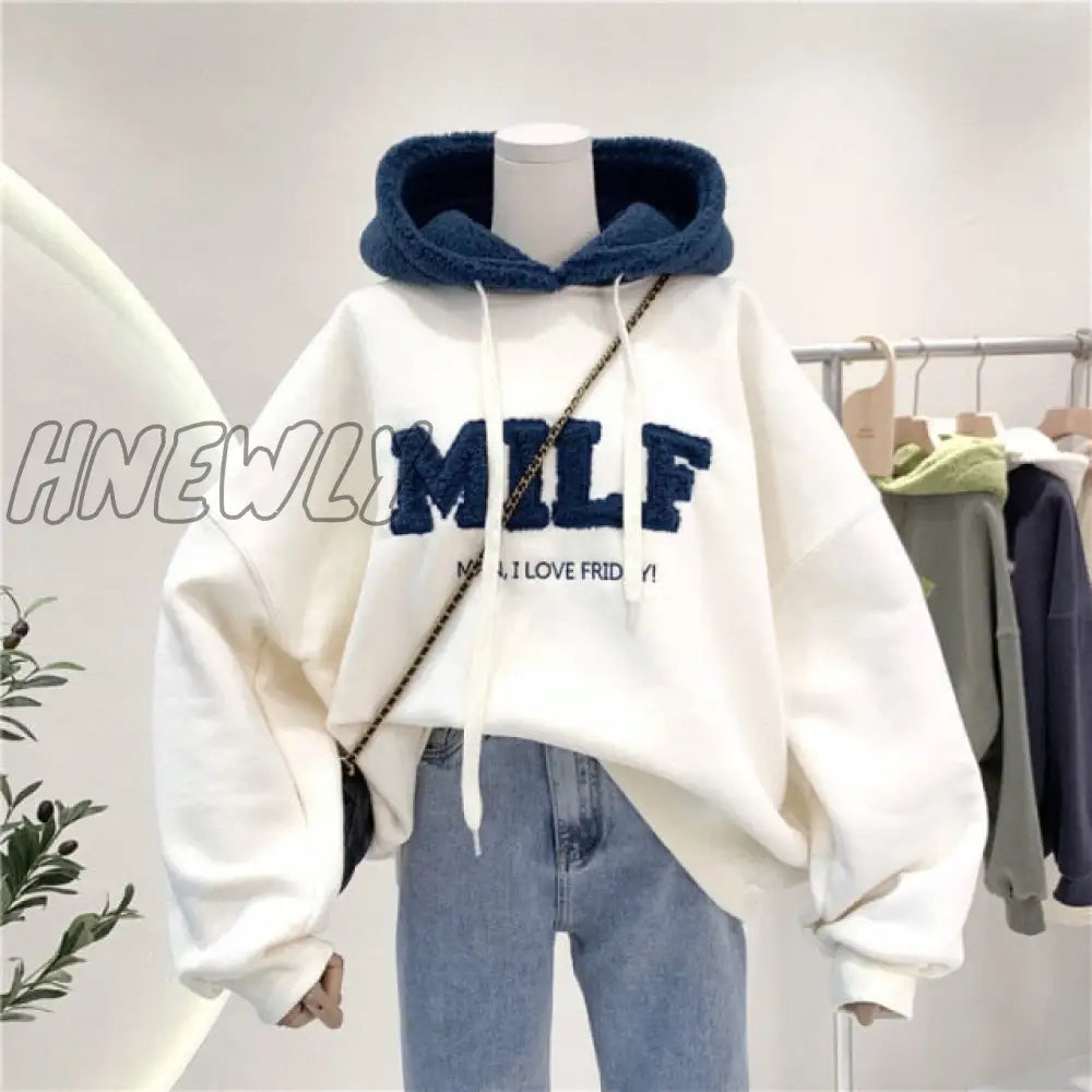 Letter Printing Embroidery Hoodies Female Winter Hooded Sweatshirts Large Size Fashionable