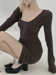 Long Sleeve Knitted Dress Women Elegant Bodycon Mini Sexy Pure Color Short Party Korean Fashion