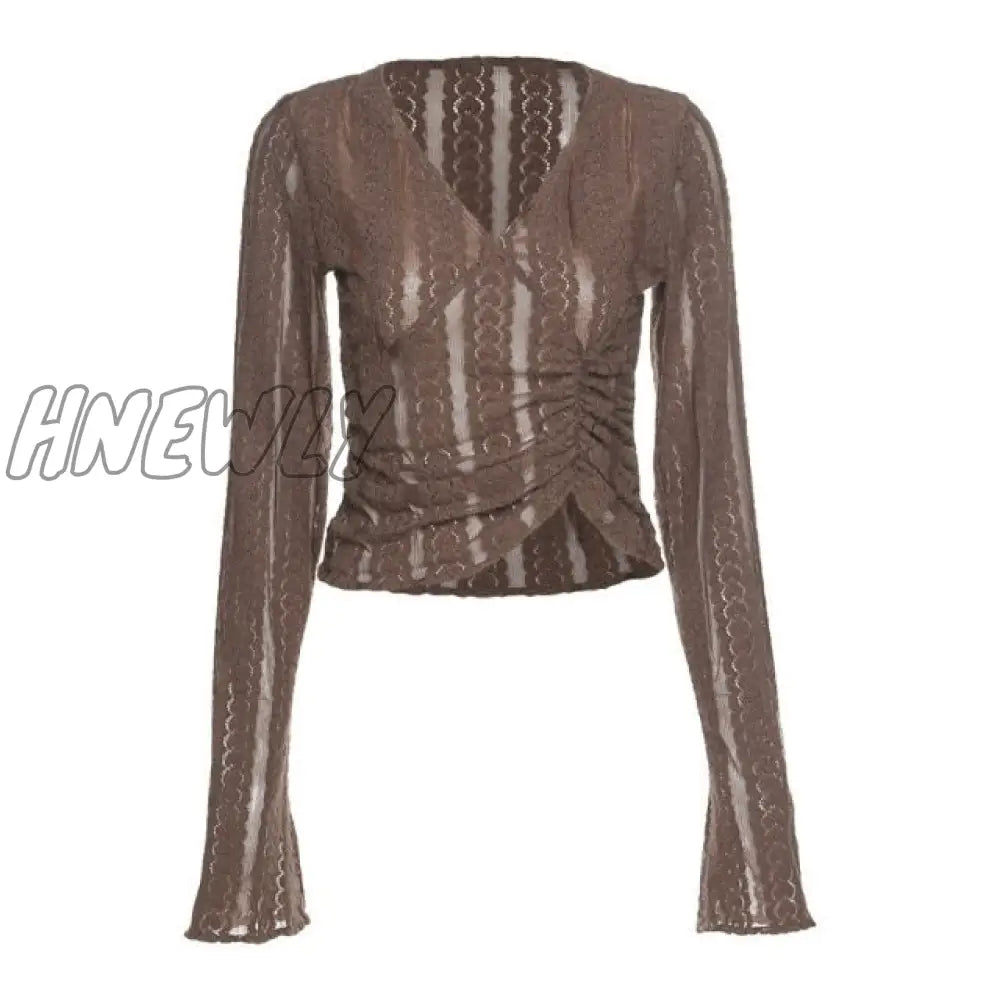 Macheda Autumn Solid Sexy Mesh See Through T Shirt Women Long Sleeve V Neck Clothing Y2K Lady