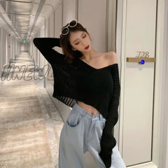 New Spring Summer Women Casual Loose V - Neck Knitted Long Sleeve T - Shirt Autumn Sexy Club Solid