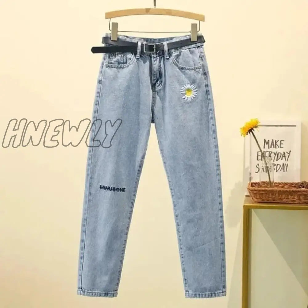 Oversize Denim Harem Trousers Mujer Vintage Casual Jeans Straight Women Pant Daisy Embroidery Jean