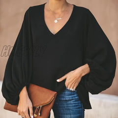 Plus Size Long Lantern Sleeve Chiffon Shirt Women Spring Summer Fall Solid Color V - Neck Loose