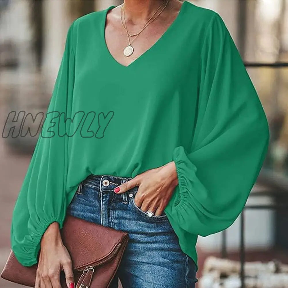 Plus Size Long Lantern Sleeve Chiffon Shirt Women Spring Summer Fall Solid Color V - Neck Loose