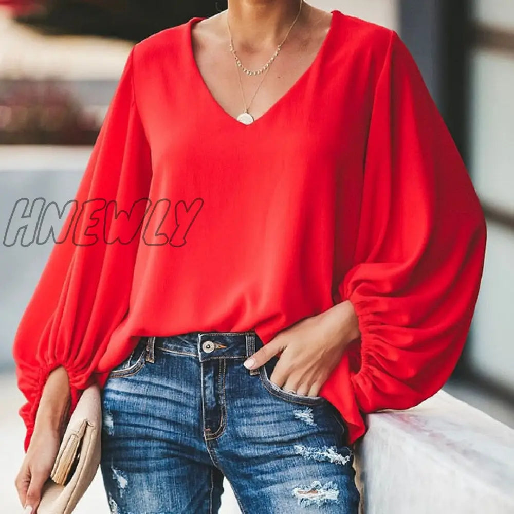 Plus Size Long Lantern Sleeve Chiffon Shirt Women Spring Summer Fall Solid Color V - Neck Loose