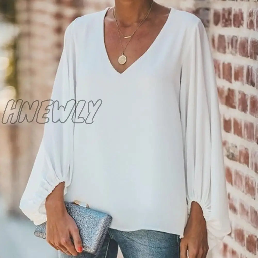 Plus Size Long Lantern Sleeve Chiffon Shirt Women Spring Summer Fall Solid Color V - Neck Loose