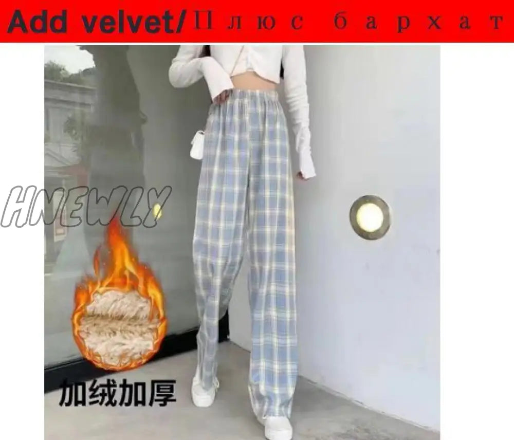 Plus Size New Korean Plaid Pants Spring Autumn Winter Wide Leg Pant Women Lattice Print High Waist