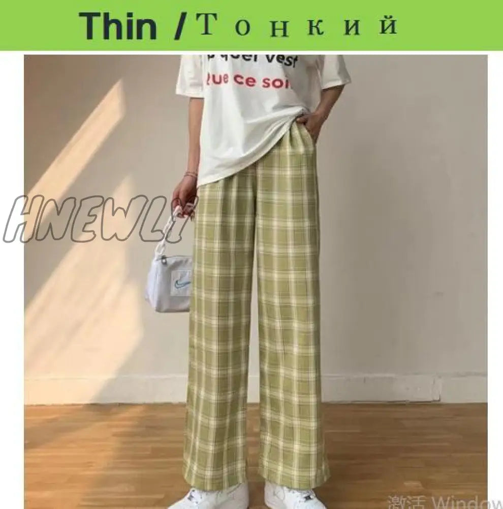 Plus Size New Korean Plaid Pants Spring Autumn Winter Wide Leg Pant Women Lattice Print High Waist