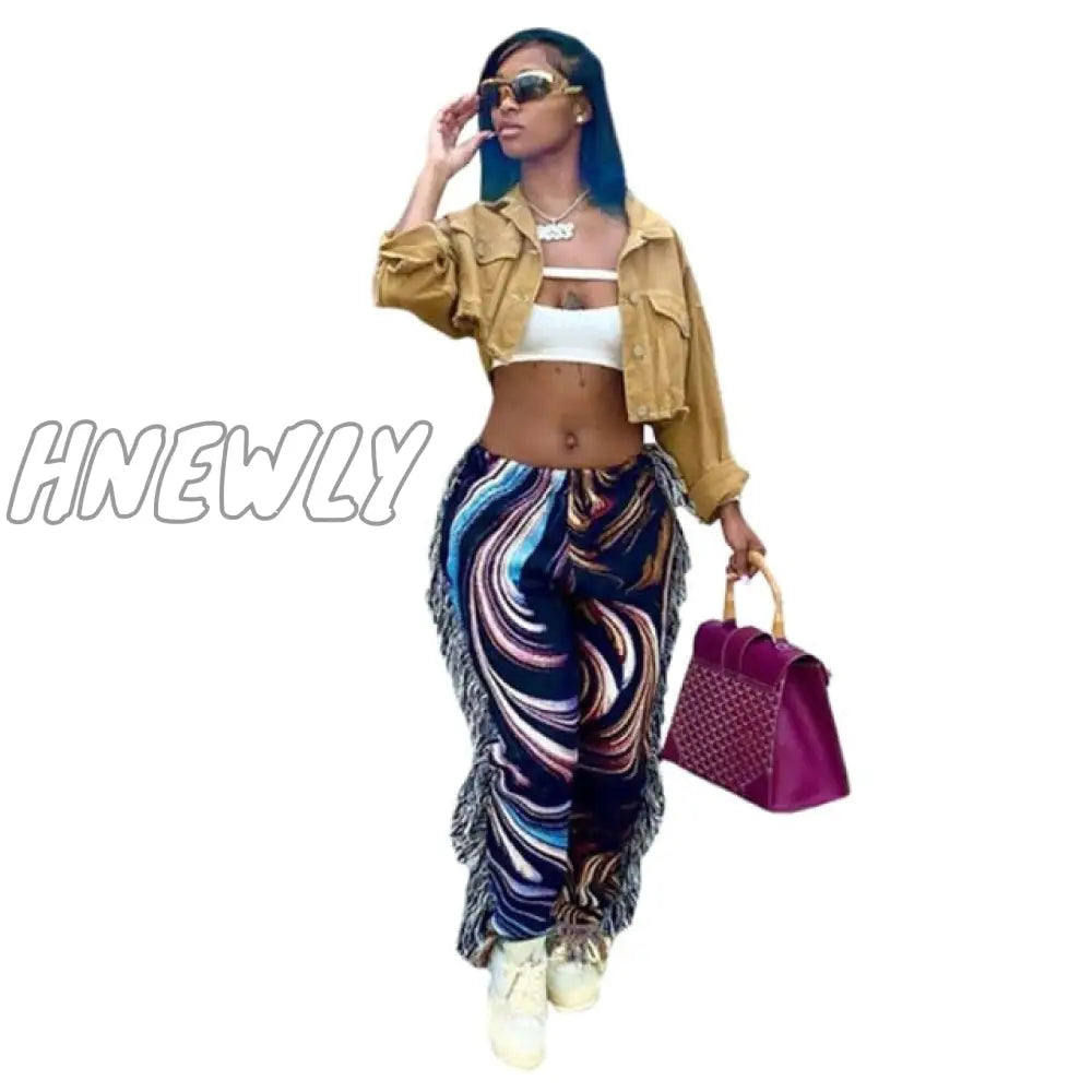 Side Tassels Patchwork Striped Print Jogger Pant Women Rave Festival Clothing Fashion Casual High