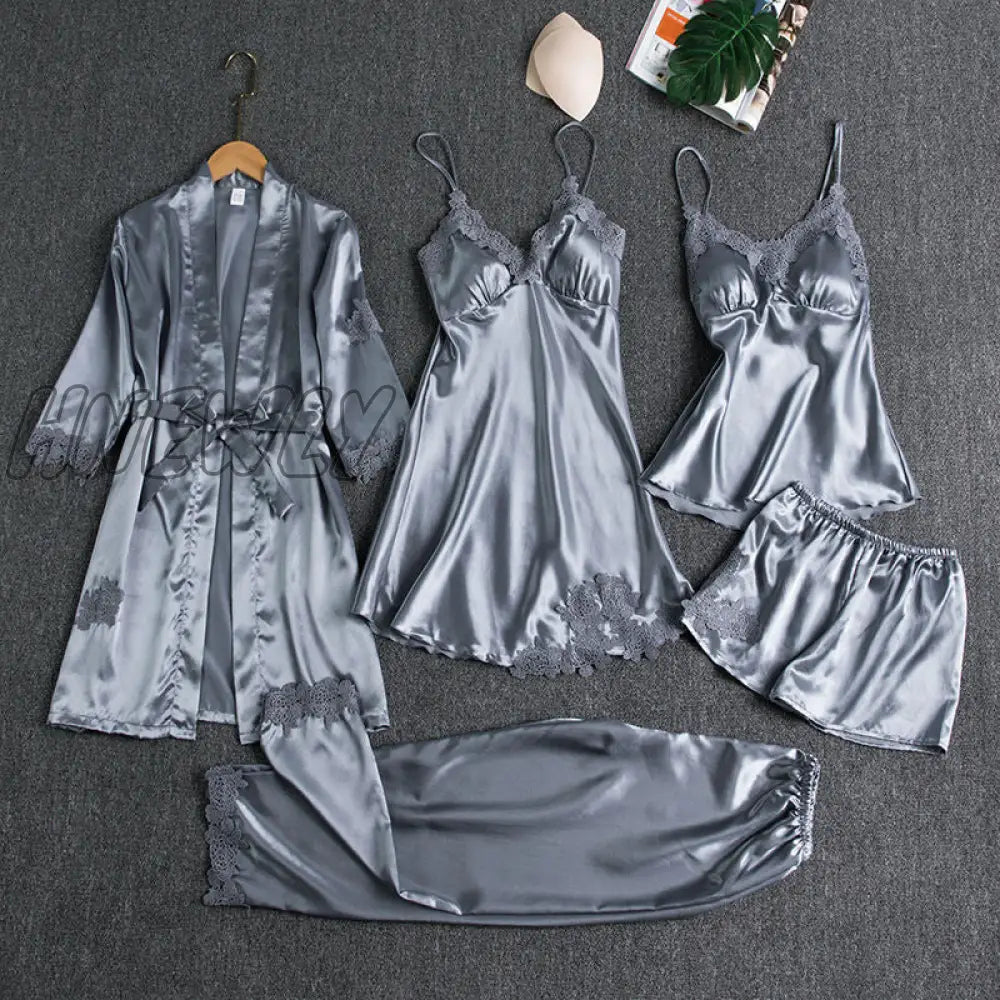 Sleepwear Female 5Pcs Pajamas Set Satin Pyjamamas Lace Patchwork Bridal Wedding Nightwear Rayon