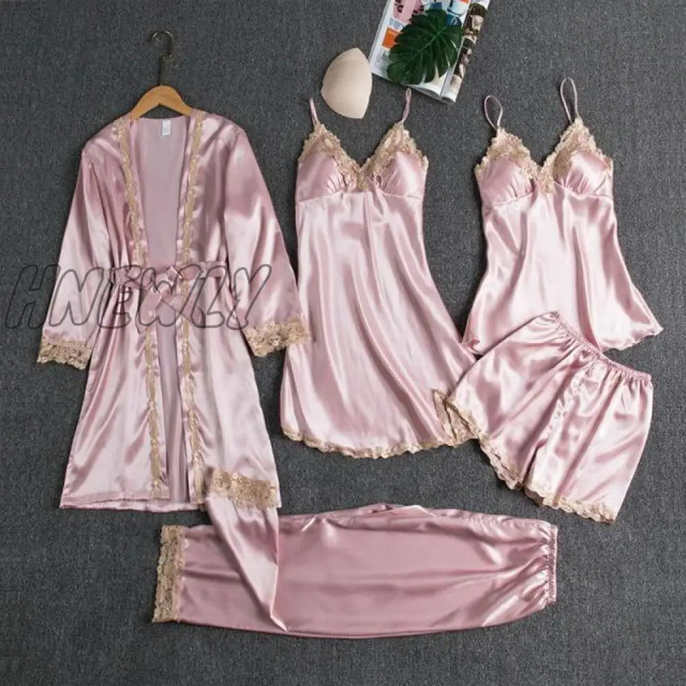 Sleepwear Female 5Pcs Pajamas Set Satin Pyjamamas Lace Patchwork Bridal Wedding Nightwear Rayon