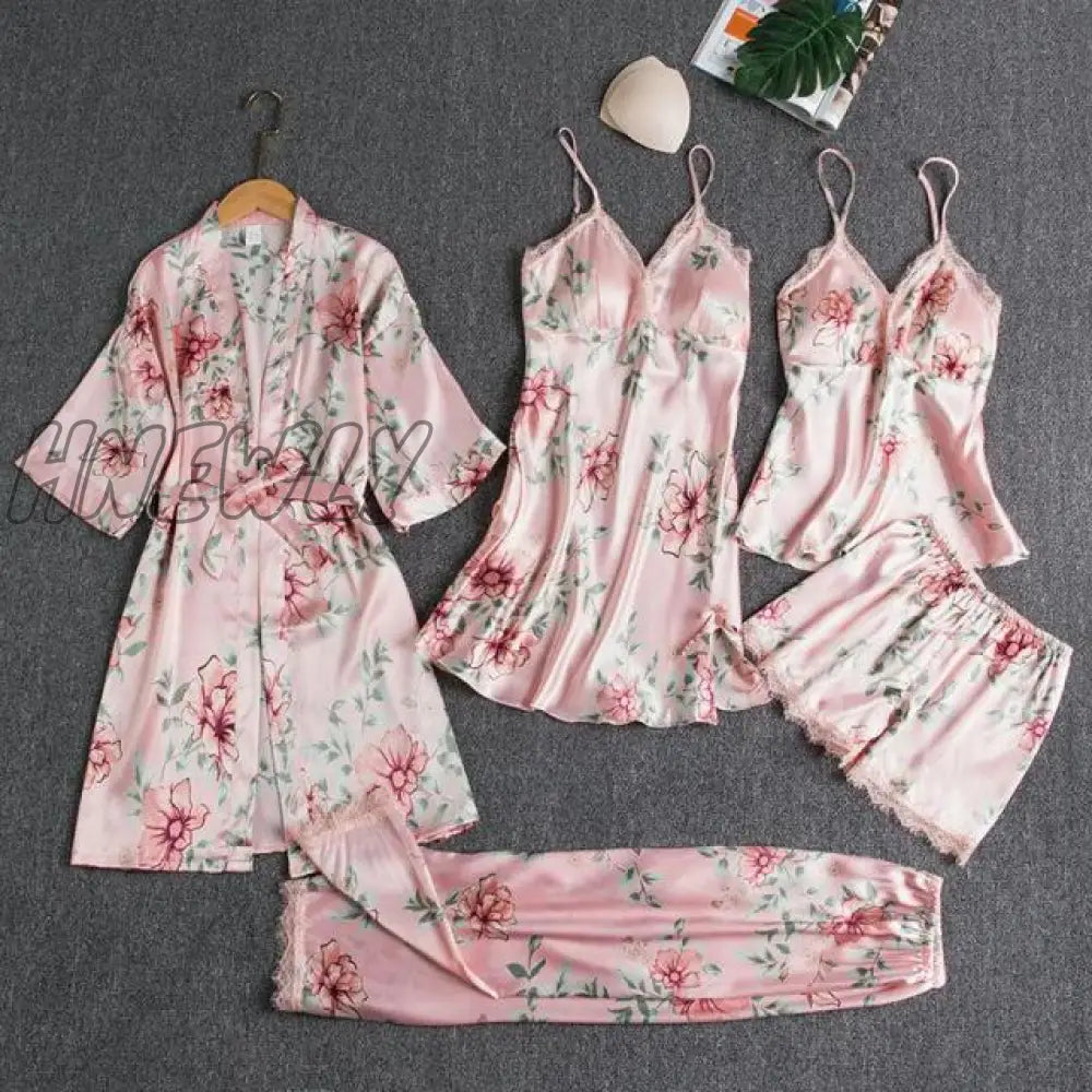 Sleepwear Female 5Pcs Pajamas Set Satin Pyjamamas Lace Patchwork Bridal Wedding Nightwear Rayon