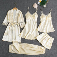 Sleepwear Female 5Pcs Pajamas Set Satin Pyjamamas Lace Patchwork Bridal Wedding Nightwear Rayon