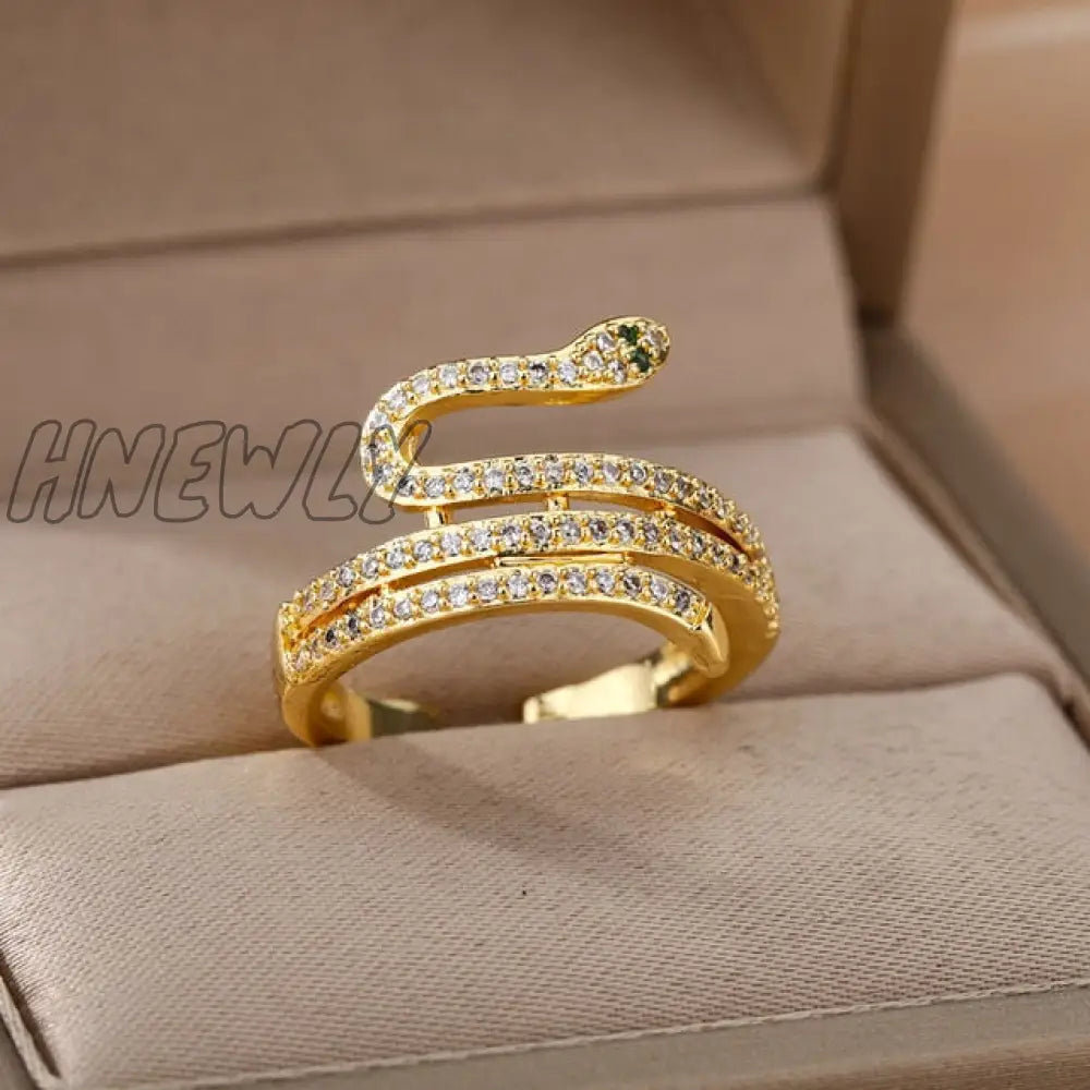 Snake Rings For Women Men Punk Hip Hop Open Adjustable Gold Plated Ring Stainless Steel Zircon