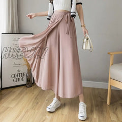 Spring Summer New Style Korean Women Pleated Chiffon Trousers Plus Size High Waist Pants Hakama