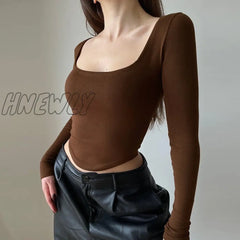 Square Collar Long Sleeve Casual Women T Shirts Green Autumn Skinny Sexy Solid Basic Crop Tops