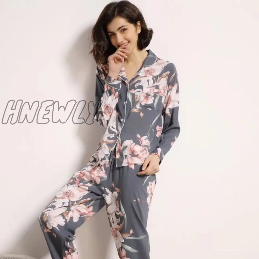 Starry Sky And Floral Printed Women Pajamas Set Comfort Cotton Satin Full Sleeve Homewear Ladies