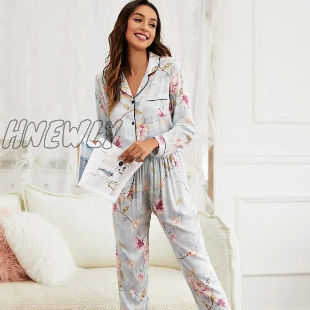 Starry Sky And Floral Printed Women Pajamas Set Comfort Cotton Satin Full Sleeve Homewear Ladies