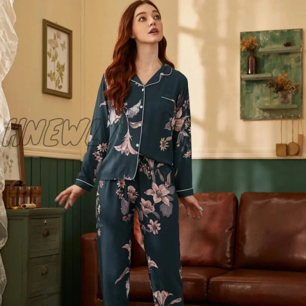 Starry Sky And Floral Printed Women Pajamas Set Comfort Cotton Satin Full Sleeve Homewear Ladies