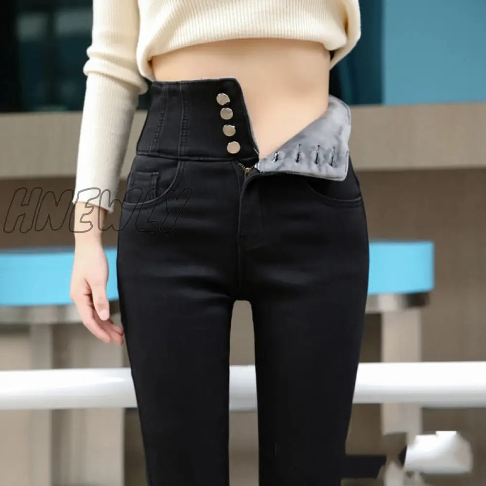 Streetwear High Waist Thickening Skinny Denim Pants Women Plus Size Warm Stretch Pencil Jeans