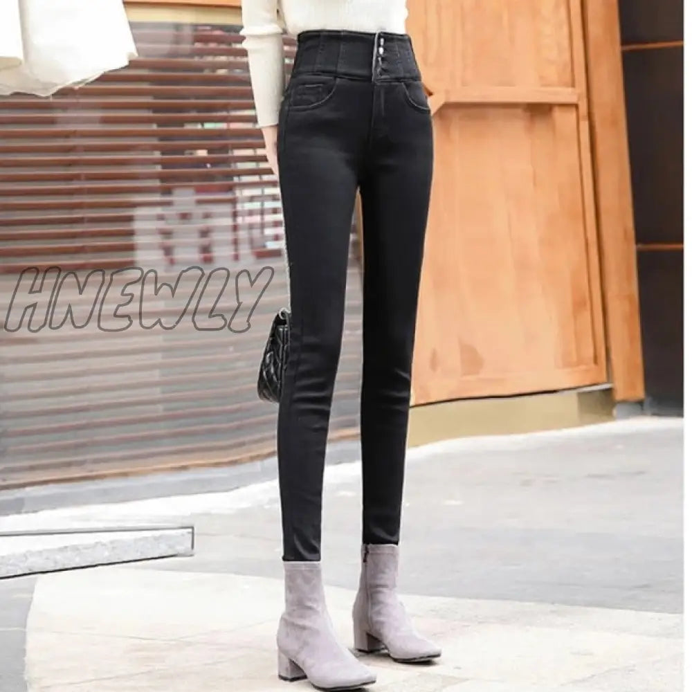 Streetwear High Waist Thickening Skinny Denim Pants Women Plus Size Warm Stretch Pencil Jeans