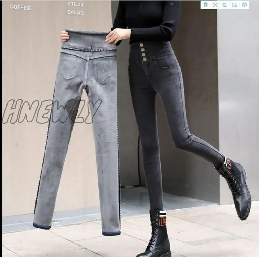 Streetwear High Waist Thickening Skinny Denim Pants Women Plus Size Warm Stretch Pencil Jeans