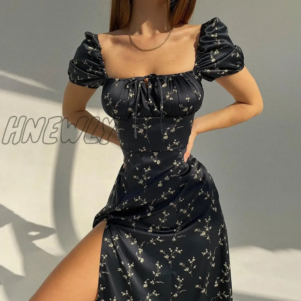 Summer Floral Off Shoulder Puff Sleeve Maxi Dress For Woman Robe Sexy Lace Up Side Split Chic